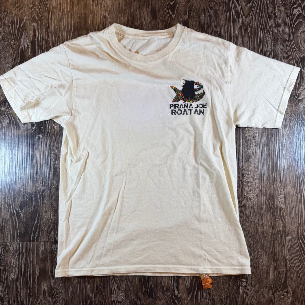 Pirana‎ Joe Roatan Cream Graphic T-Shirt Mens Rasta Fish Souvenir Tee
